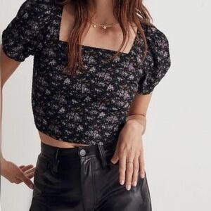 Madewell Hopewell Puff Cap Sleeve Crop Top Black Blurred Ikat Multi Size XS